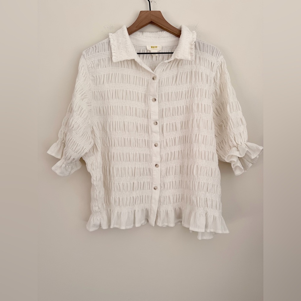 Anthropologie Maeve Smocked Button-Front Top cream 2X - Picture 3 of 8